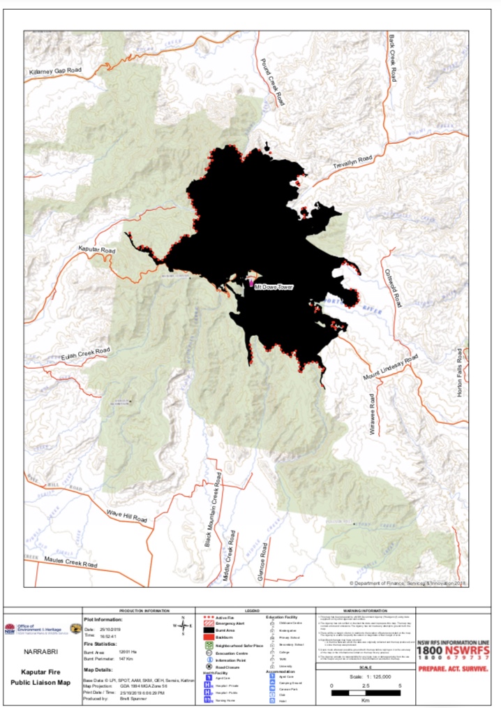 Fire progression map released by the NSW Rural Fire Service on Saturday October 26.