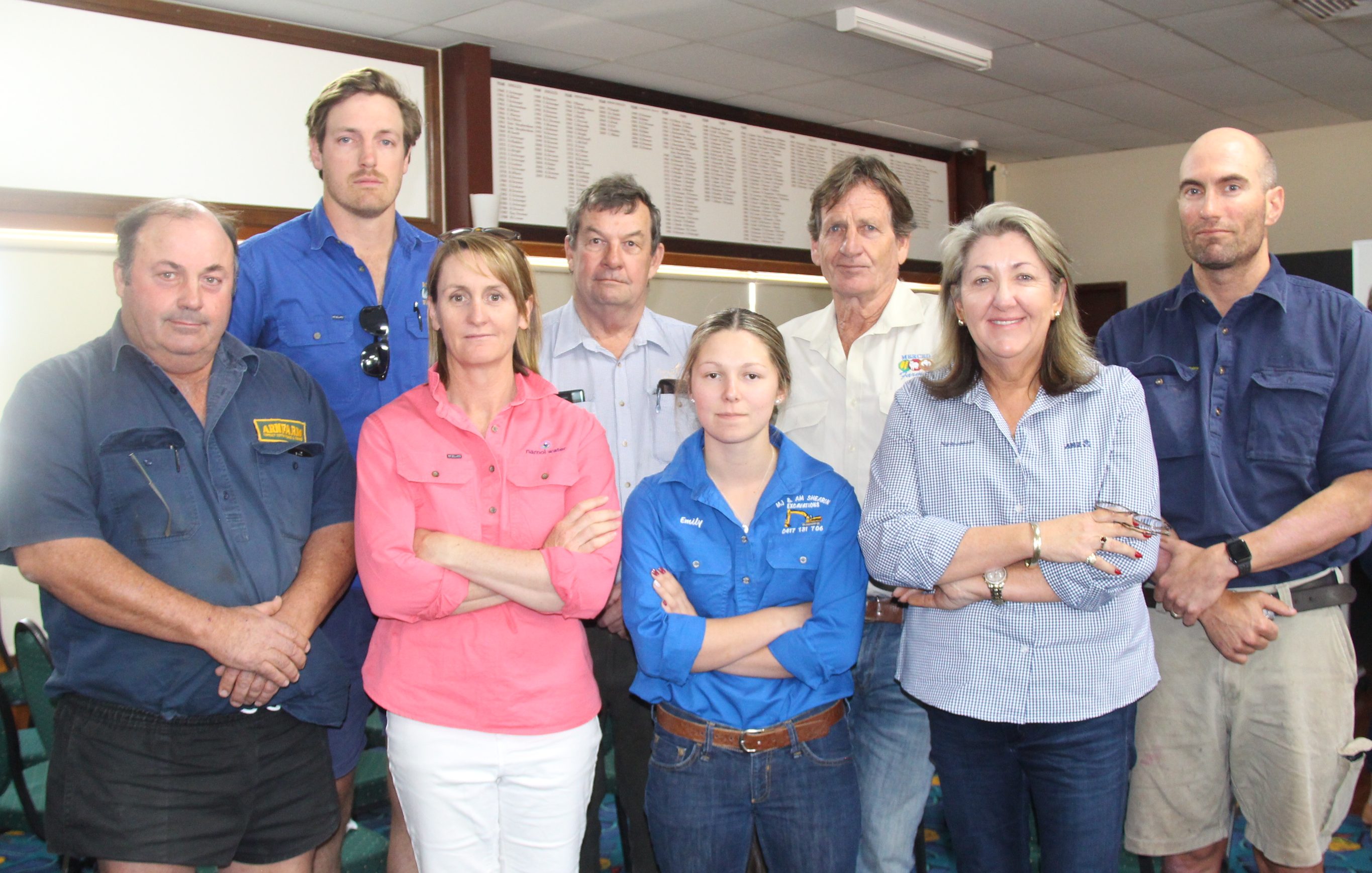 We’re not giving up: Pictured back Wee Waa farmer Daniel Kahl, businessman Kerry Watts, farmer James Kahl, farmer and chair of Namoi Water Brendon Warnock, front, farmer Charlie Arnott, Namoi Water executive officer Jon-Maree Baker, 2019 Wee Waa High School captain Emily Shearin and Chamber of Commerce president Ann-Maree Galagher at Friday’s meeting.