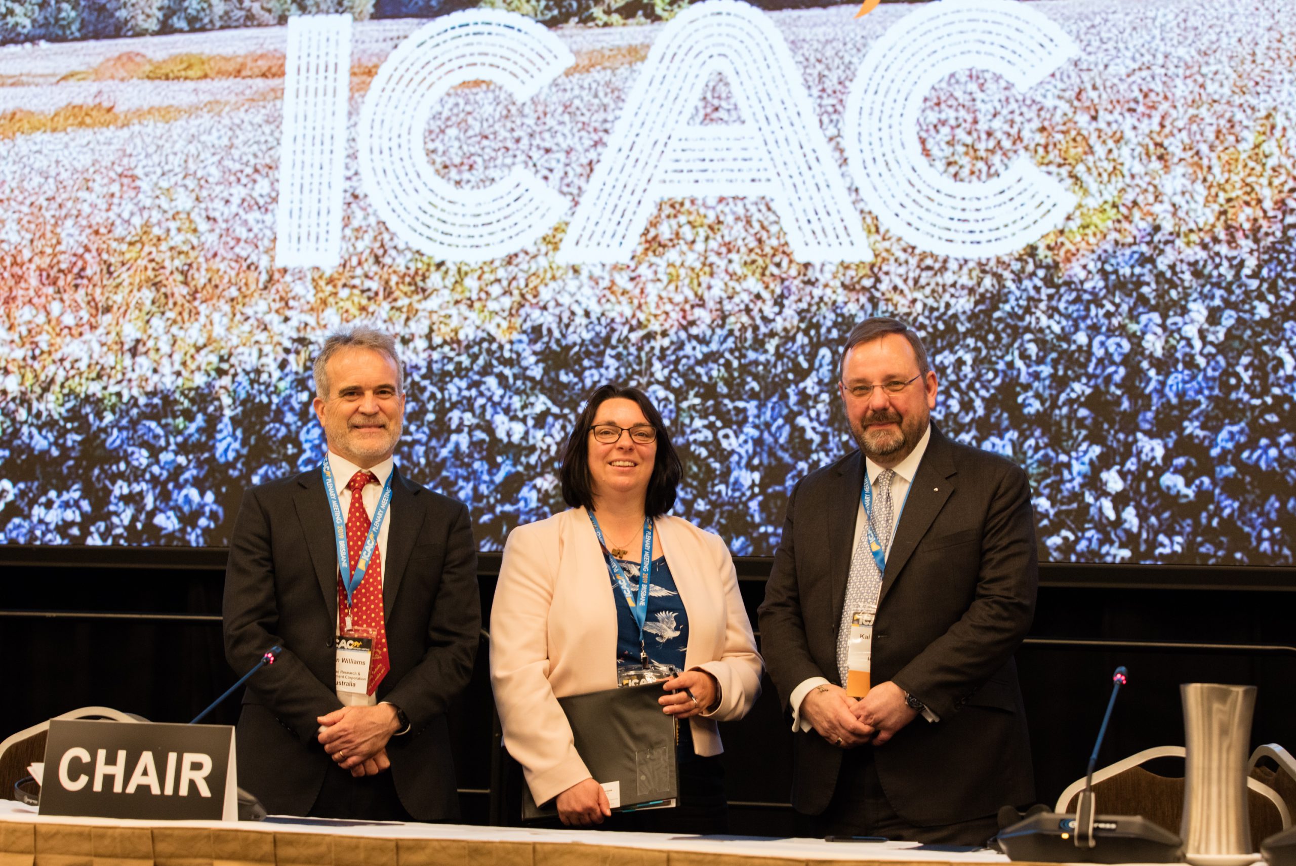 CRDC general manager R & D investment Allan Williams who is also chair of the ICAC SEEP committee with Australia’s delegate and chair of the committee Alison McMorrow of the Department of Agriculture and Kai Hughes, the executive director of ICAC.