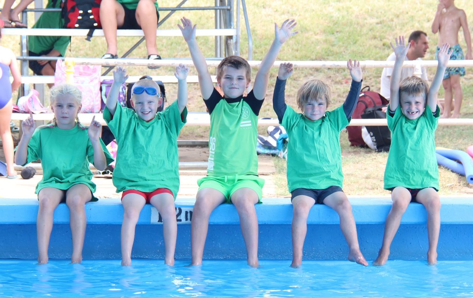 Celia Galagher, Lukah Bass, Tyler Simmonds, Lincoln Smolders and Wylie Cruickshank eager to jump in the Wee Waa Memorial Swimming Pool last Wednesday.