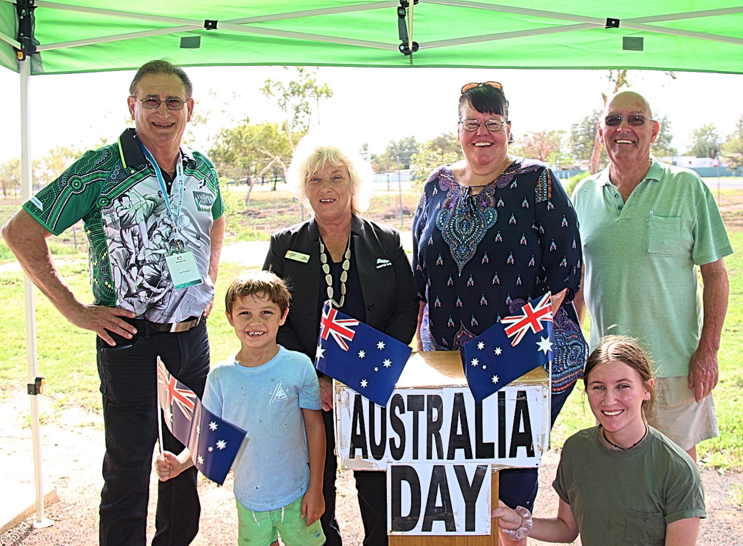 Wee Waa’s Australia Day ceremony was held at the Namoi Echo Museum on Sunday January 26. Pictured, Narrabri Shire’s Australia Day Ambassador and former Australian international cricketer Len Pascoe, Narrabri Shire Council Mayor Cathy Redding, president of the Wee Waa and District Historical Society Julie Dowleans, poet Max Pringle, front, Abel and Zara Redding.