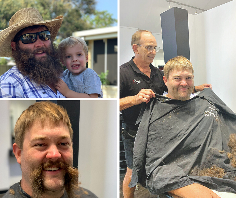Spring Plains farmer Ben Watson with his bushranger-style beard. Ben decided 13 months ago that he wouldn’t shave until there was decent rainfall. He's pictured here halfway through his beard clipping in Narrabri.