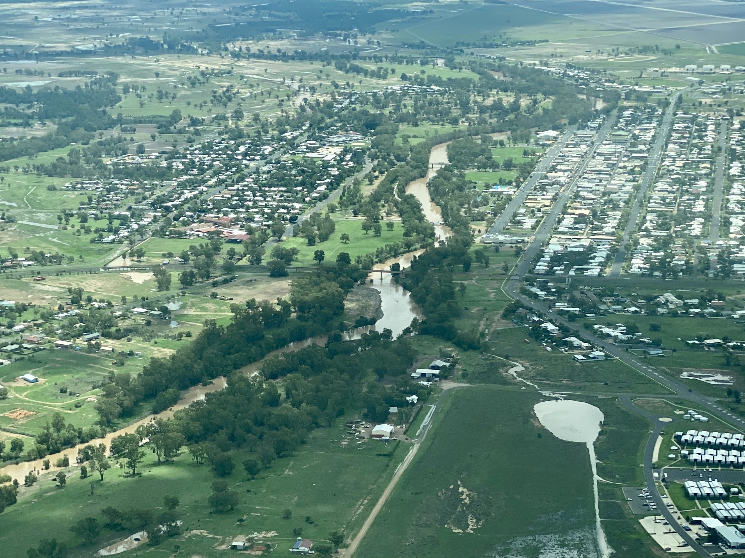 A very green Narrabri, the photo was taken looking north over the flowing Narrabri Creek on Tuesday.