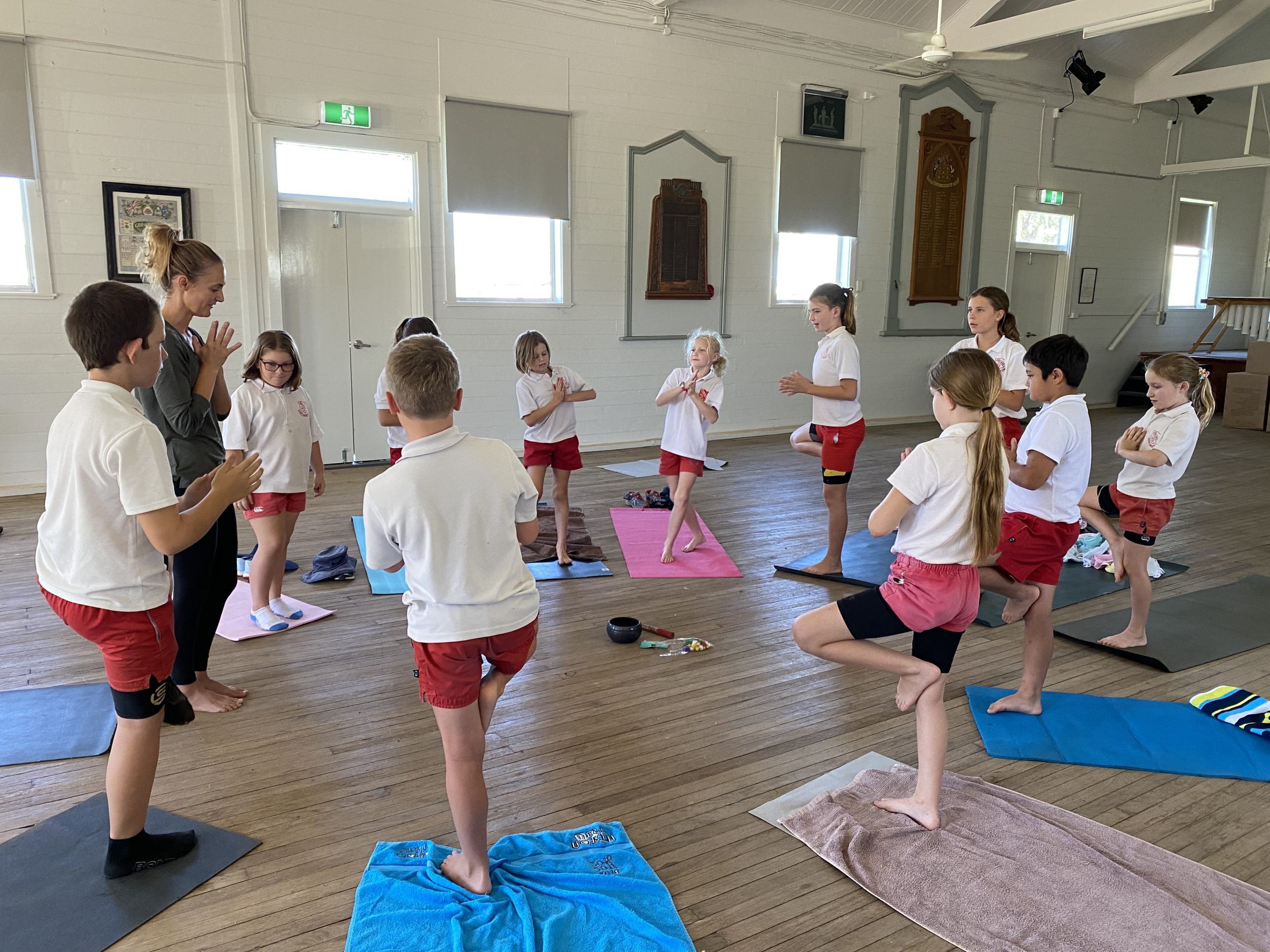 Yoga and mindfulness teacher Katy Simshauser with Burren Junction Public School students, Abbey Lilliebridge, Bridie Harris, Bec McMahon, Sophie Slack-Smith, Kendra Cook, Zara Marshall, Sabrina Knight, Aaron Lane, Charlie Fisher, Will Smith and Jock Carolan.