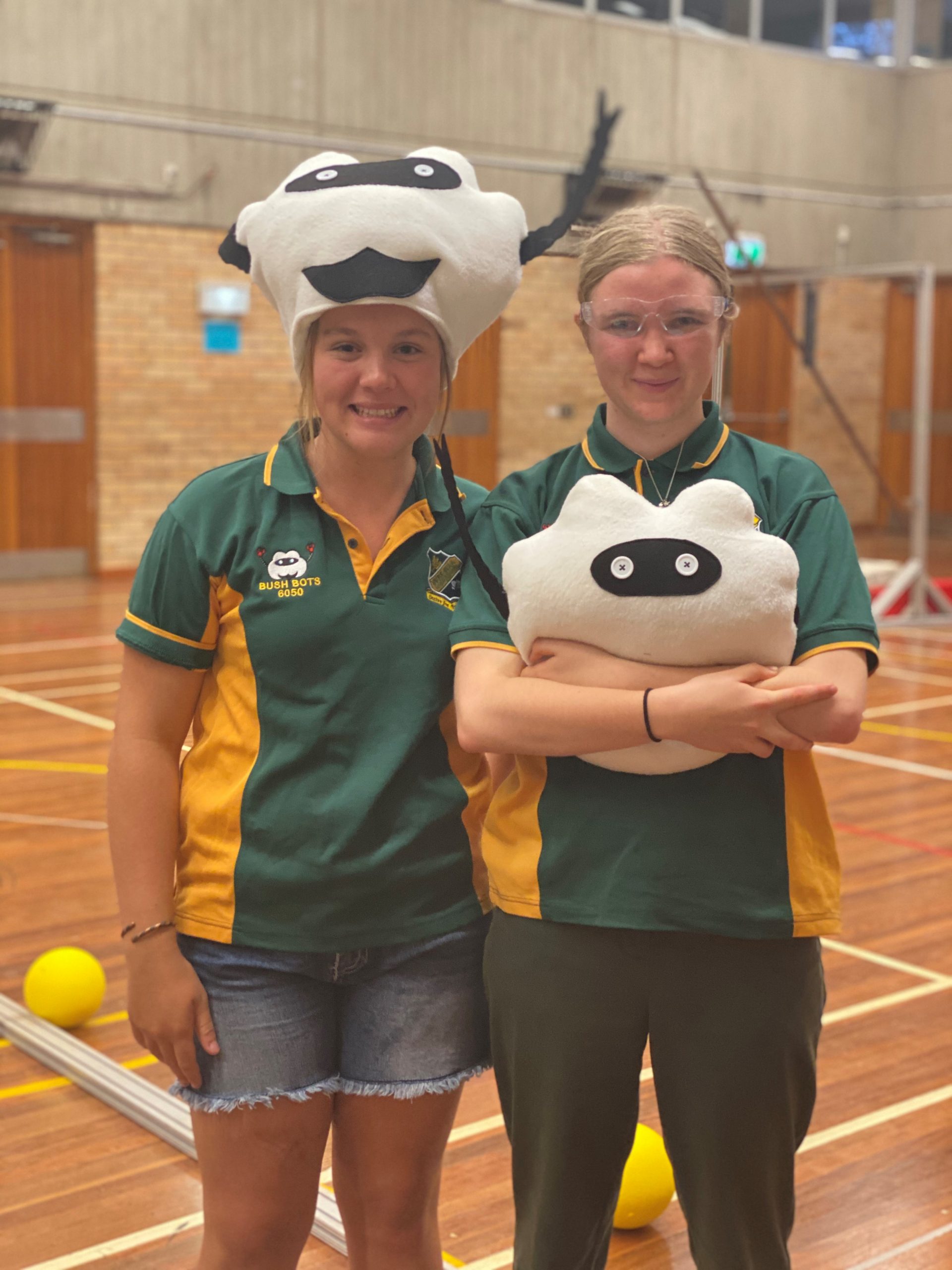 Bush Bots Josie Galagher and Alice Haire with their Bush Bot mascot sewn by Robyn Allen.