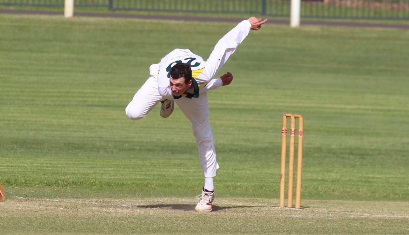 Tatts first XI bowler Jonty Schwager watches a delivery fly down the pitch.