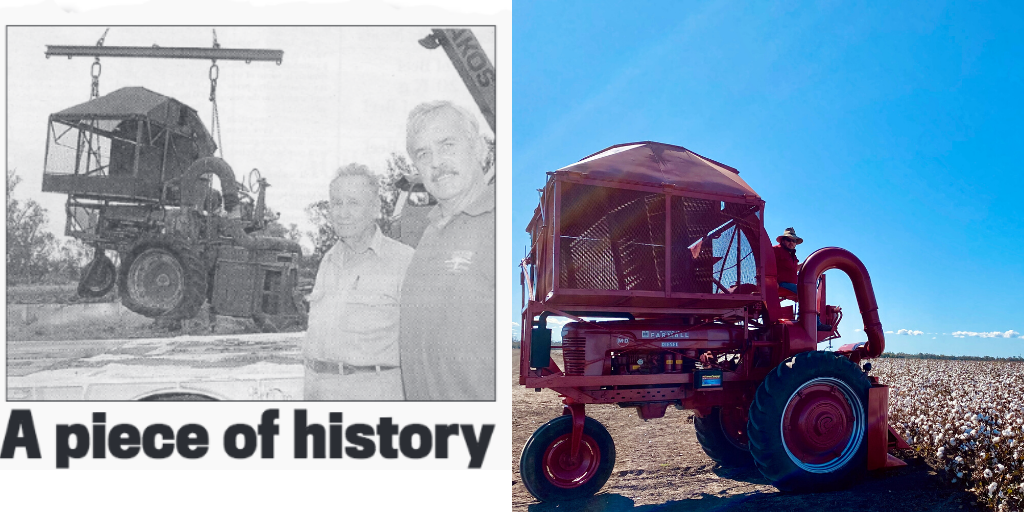 A clipping from the front page of the Wee Waa News on September 17, 1997 featuring Ronan Revell and the late Vernon Fitchett. The article headline appropriately read - ‘A piece of history’.  At the time, Mr Revell was collecting one of Mr Fitchett’s old single row cotton pickers, it was one of the first pickers employed in the region after being transported out from America in 1969 with a shipment of other second-hand pickers. The article reported Mr Revell’s ambitious goal to restore the picker for the community of Wee Waa. The restoration project is now complete and as the photos show - the 1948 M-12-H model, International Harvester single row cotton picker looks magnificent and is set to be displayed in theWee Waa Echo Museum. 