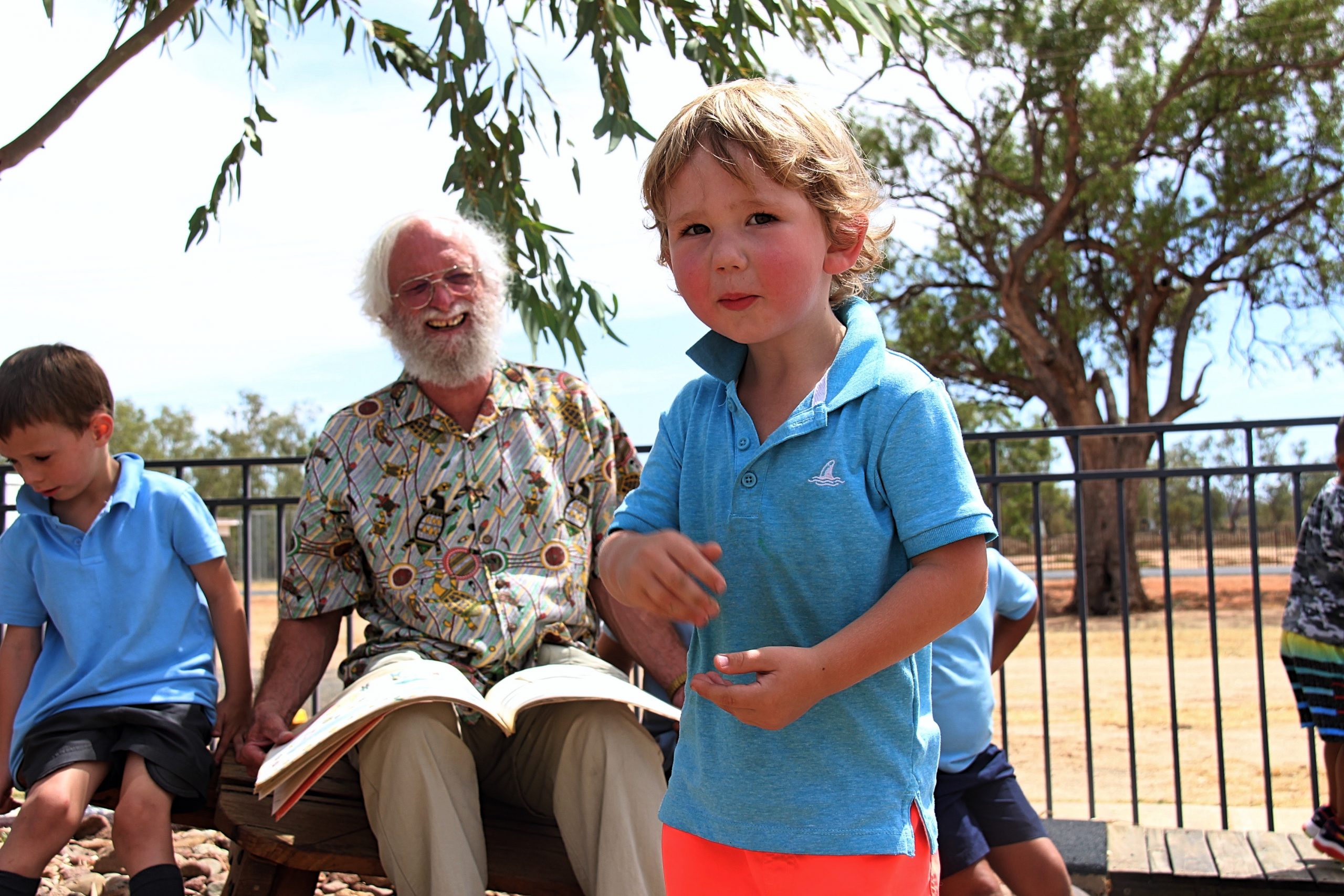 Pilliga Public School student Billie Hall cheekily checking out the camera and making Charlie Jackson laugh.