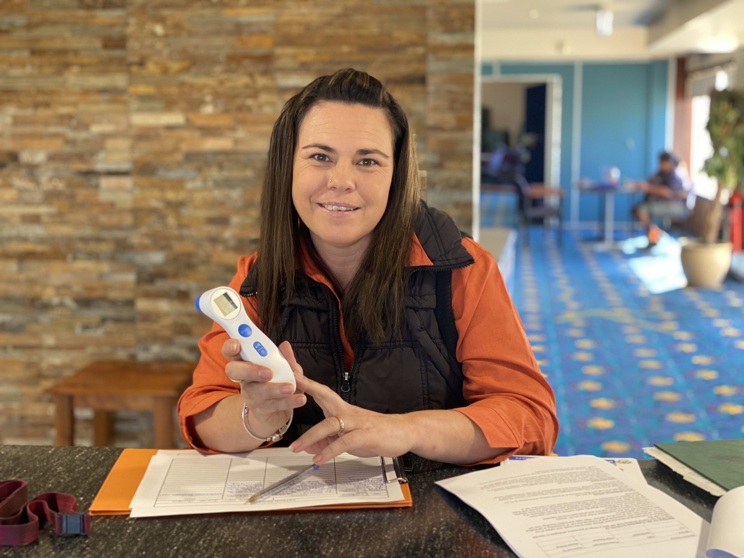 Wee Waa Bowling Club employee Renee Doring was implementing a number of COVID-19 precautions including taking people’s temperatures on entry, patrons’ names and offering hand sanitiser.