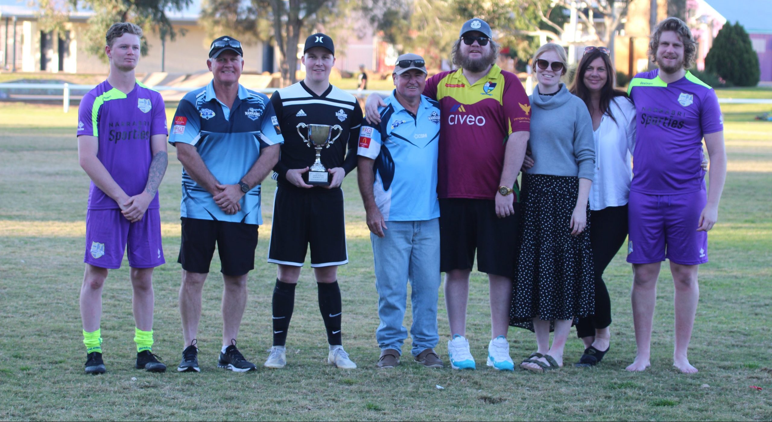 Narrabri Elevens FC’s Riley Jenkins, Narrabri Sporties FC coach Neil Brayshaw, captain Zaac Brayshaw and club president Steve Lubke, Brendan, Alex and Maria Jenkins and Narrabri Elevens FC’s Brady Jenkins.