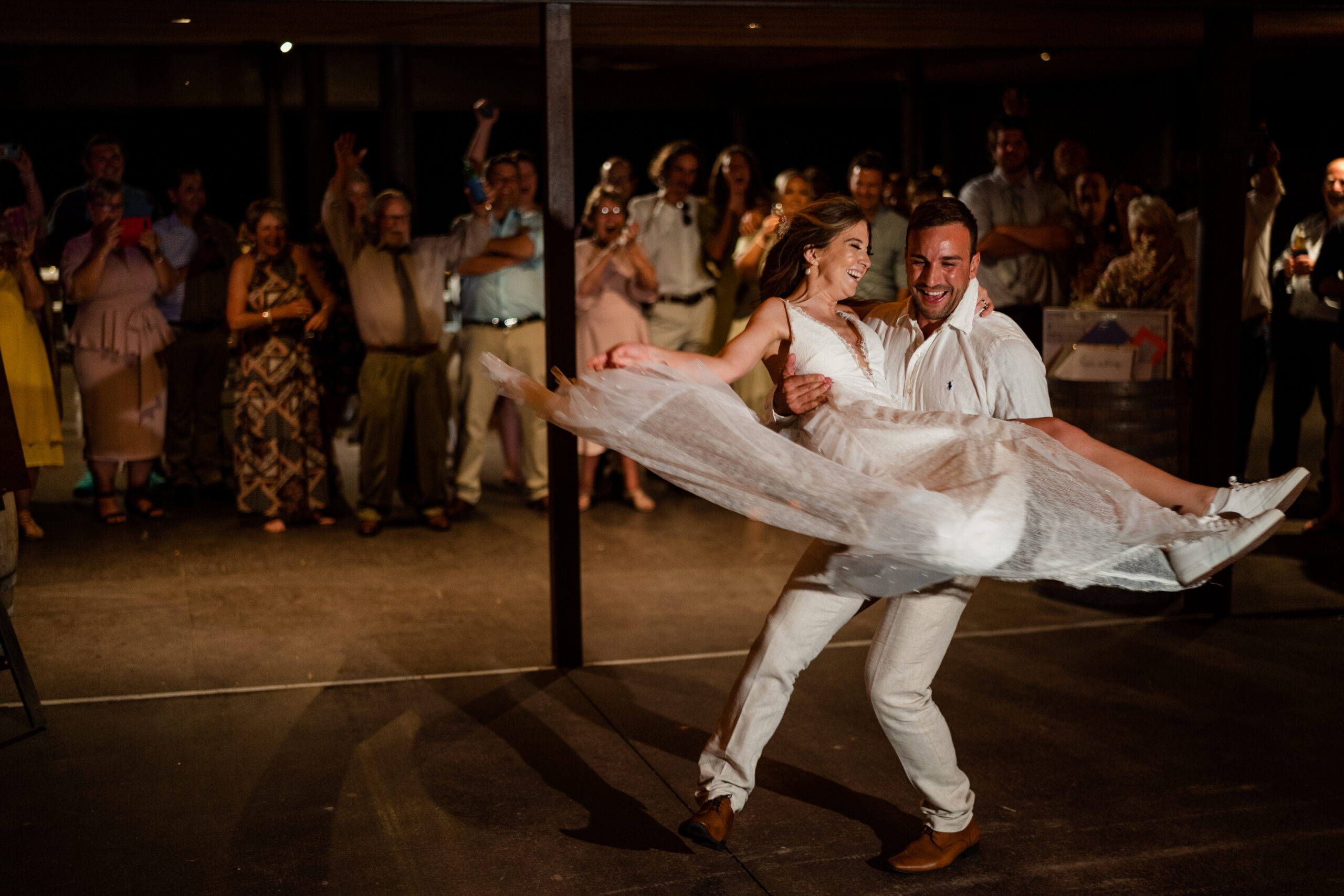 The first dance, choreographed by the bride and groom, with a mashup mix of songs, by DJ and close friend Nathan Weaver.