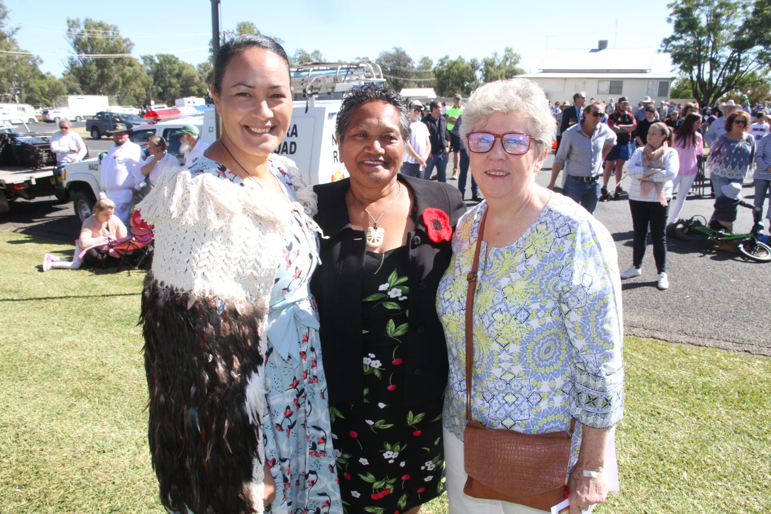 Jacqui Carolan, wearing a traditional Maori Korowai cloak made by her mother and grandmother, presented the New Zealand national anthem at Sunday’s Anzac ceremony, with Marama Raniera and Jennie Smith.