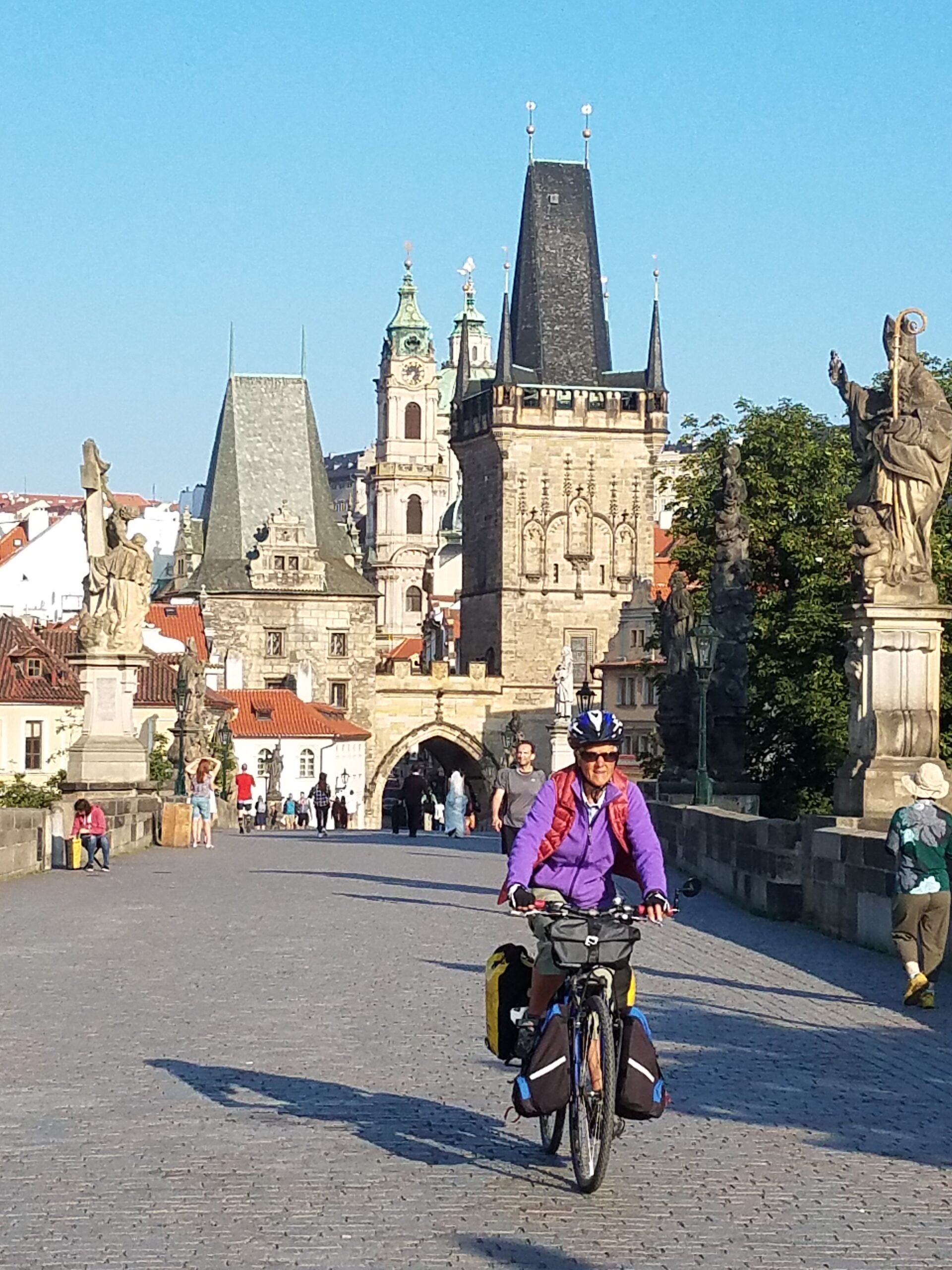Leaving Prague across the 14th C. Charles Bridge, 2018.