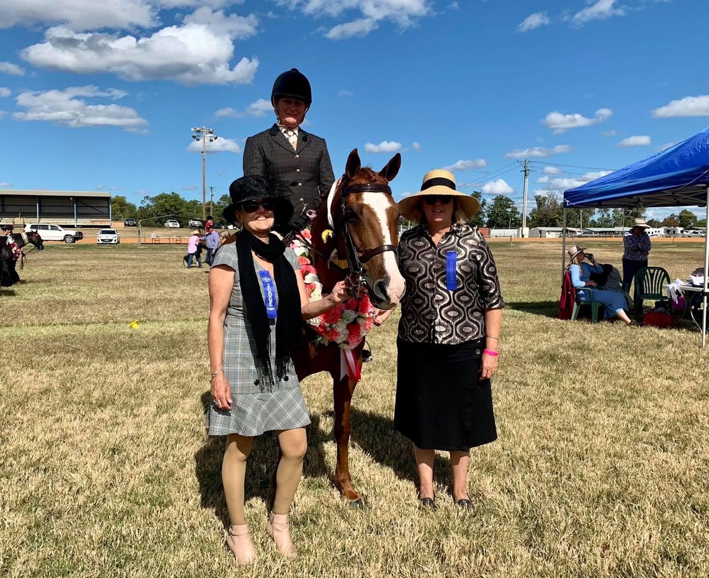 Supreme show hunter was awarded to Karen Nicholl on Mundah Little Romany. She is with judges Catherine Mills and Sue Foreman.
