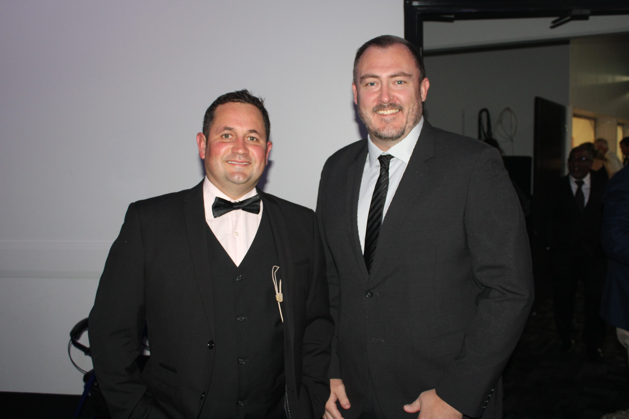 Justin Smith officiated as master-of-ceremonies at Saturday night’s Narrabri Stars Dance for Cancer. He is pictured with Narrabri Shire Council general manager Stewart Todd.