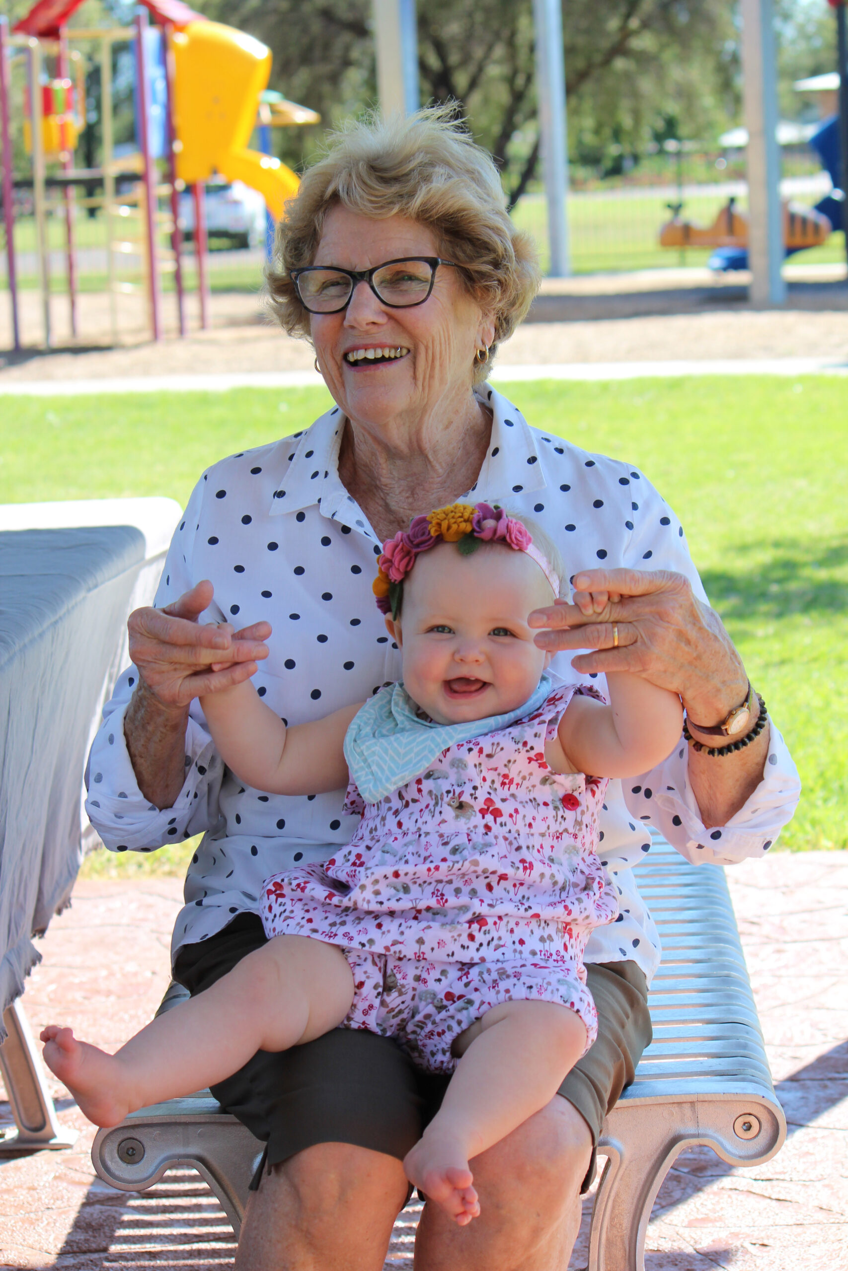 Marion Redfern with her granddaughter Adelaide Redfern (wearing an outfit grandma made her).