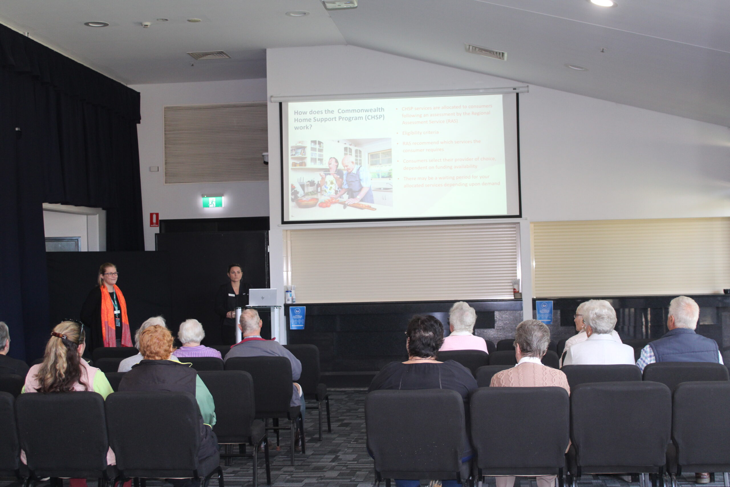 New England community north regional manager Anna Tait and coordinator Kassandra Mitchell address Whiddon Group’s ‘Understanding Home Care’ attendees at The Crossing Theatre, Narrabri.