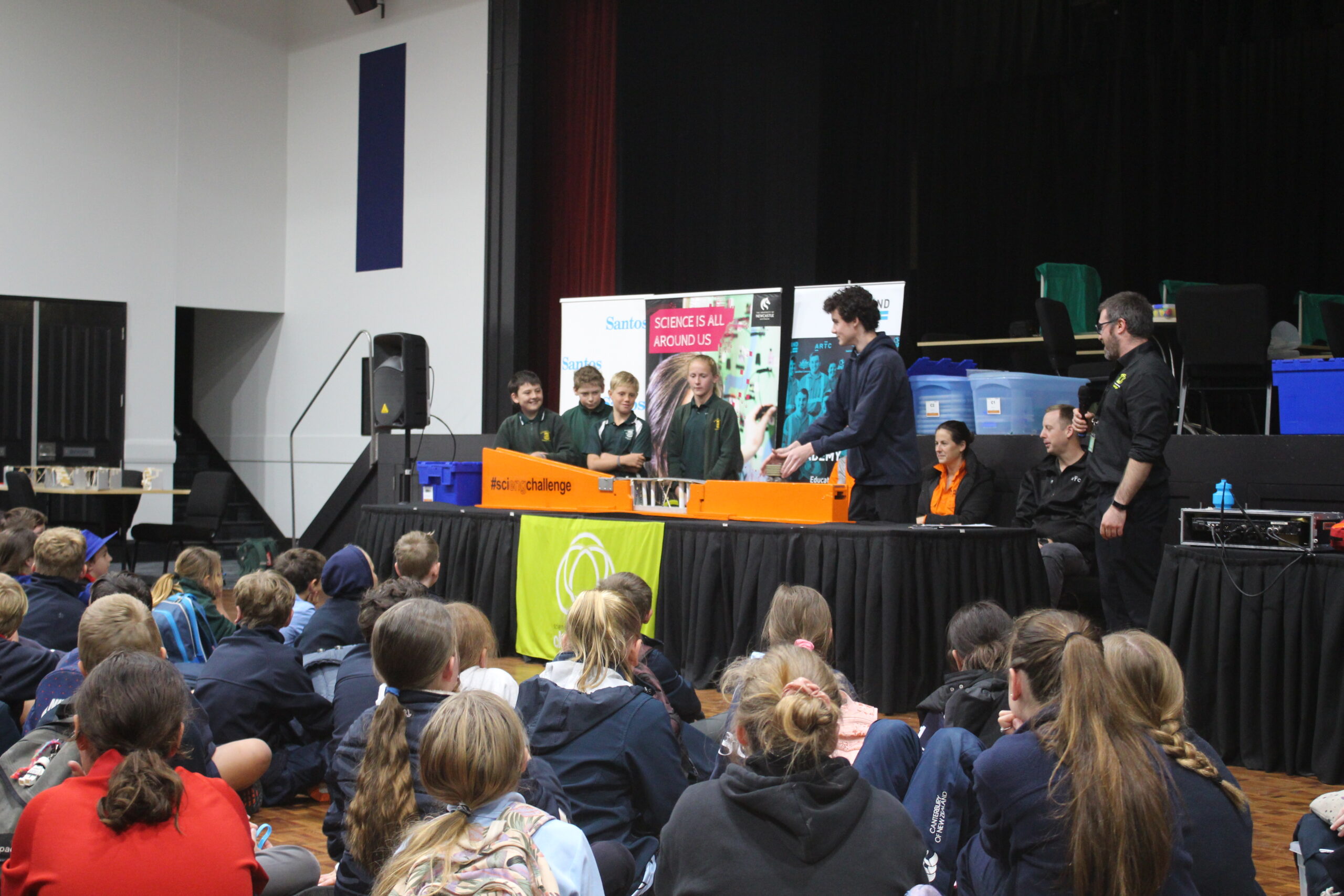St Francis Xavier’s Narrabri students Liam Vitnell, Bradley Johnson, Leo Roth and Aleira Sunderland taking on the bridge challenge in front of the crowd.