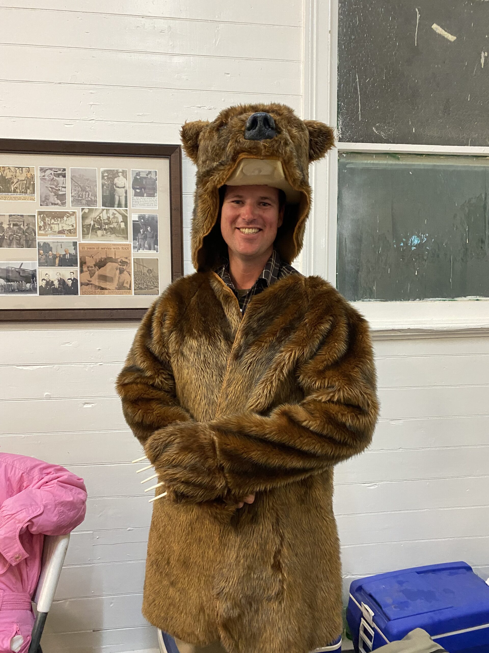 Sam Bullen wearing one of the most outstanding costumes of the night - a grizzly bear suit.