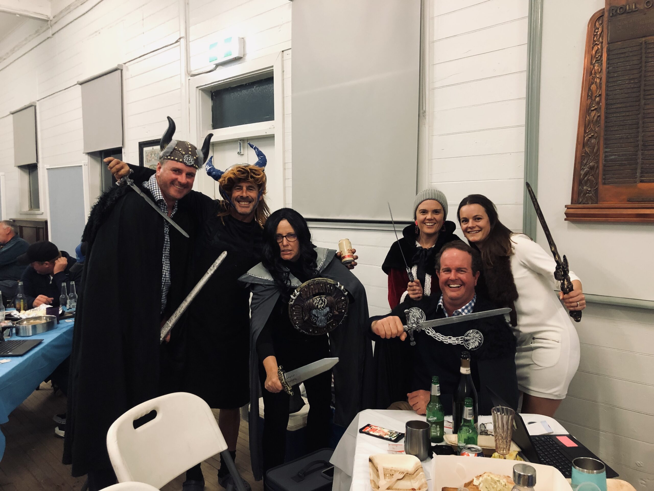 Christian Powell, Toby and Suzi Moore, Ali Smith and Janine Powell, front, Angus Moore dressed up as winter warriors.