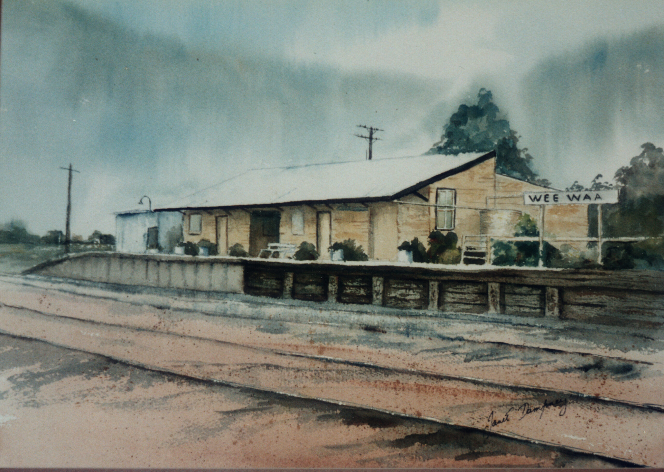 A painting by Janet Dampney of the old Wee Waa Railway Station. She took a photo of the station and did a pen and ink watercolour painting in the 1980s.