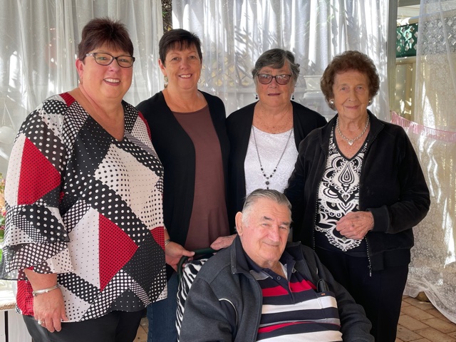 Back, niece Sharon Bailey, niece Debbie Turner, sister-in-law Janet Cuell, birthday girl June Fogarty, front, June’s husband Brian Fogarty.
