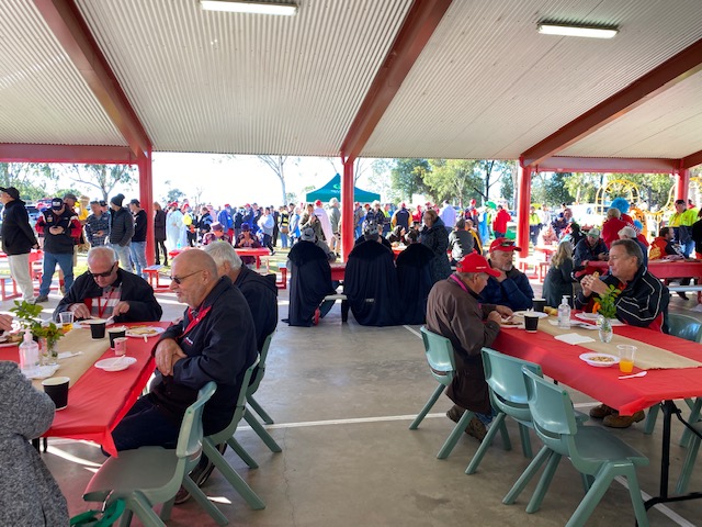 Some of the Variety Bash team enjoying breakfast with Pallamallwa locals.