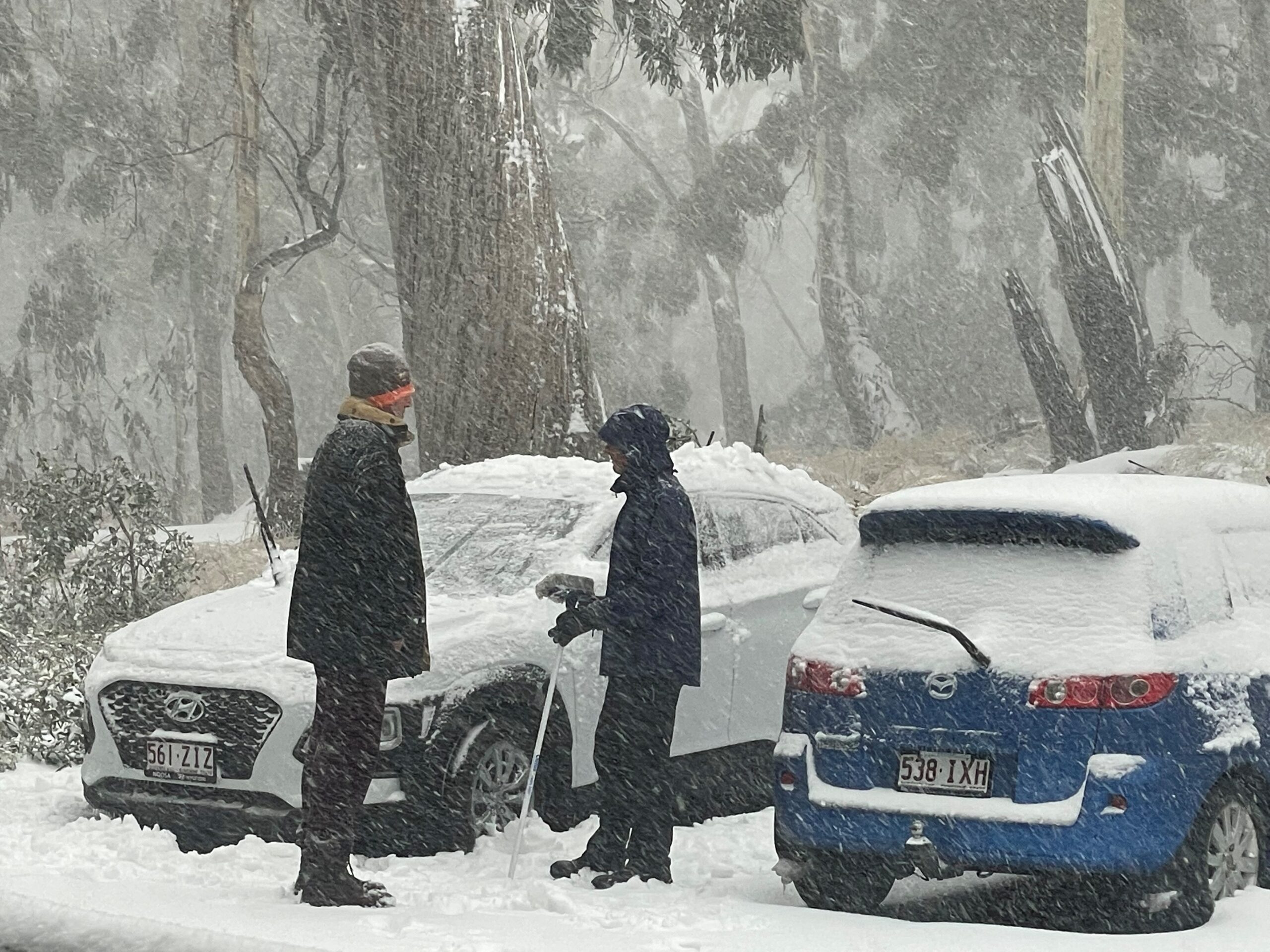 Queensland visitors Paul Rees and Dave Gotterson inspect their cars as the snow storm begins to worsen.
