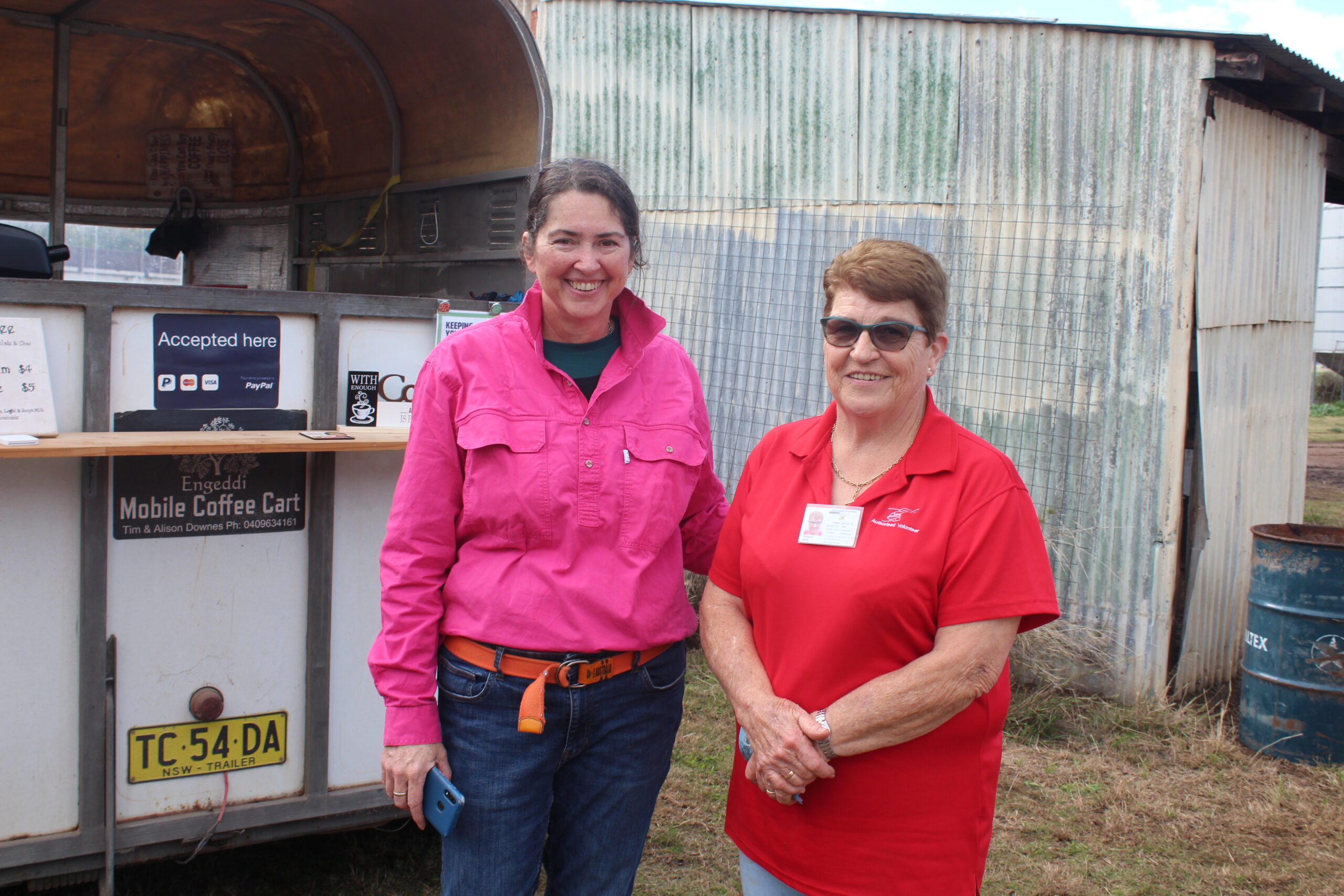 Alison Downes and Westpac Rescue Helicopter volunteer Ros Kelly, in front of the Engeddi Mobile Coffee Cart.