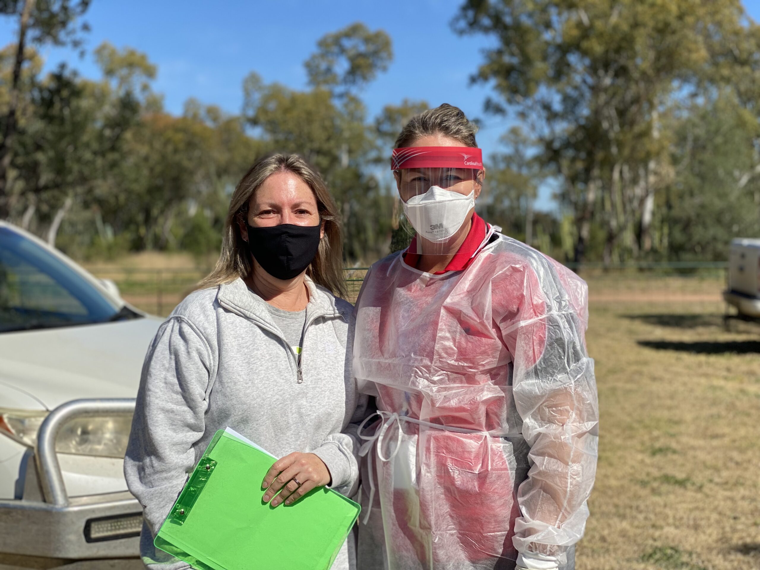Pilliga Community Centre president Margie Cruickshank and Walgett Aboriginal Medical Service nurse Belinda Woodham at the Pilliga pop-up vaccination clinic last Friday, held out the front of the community centre.