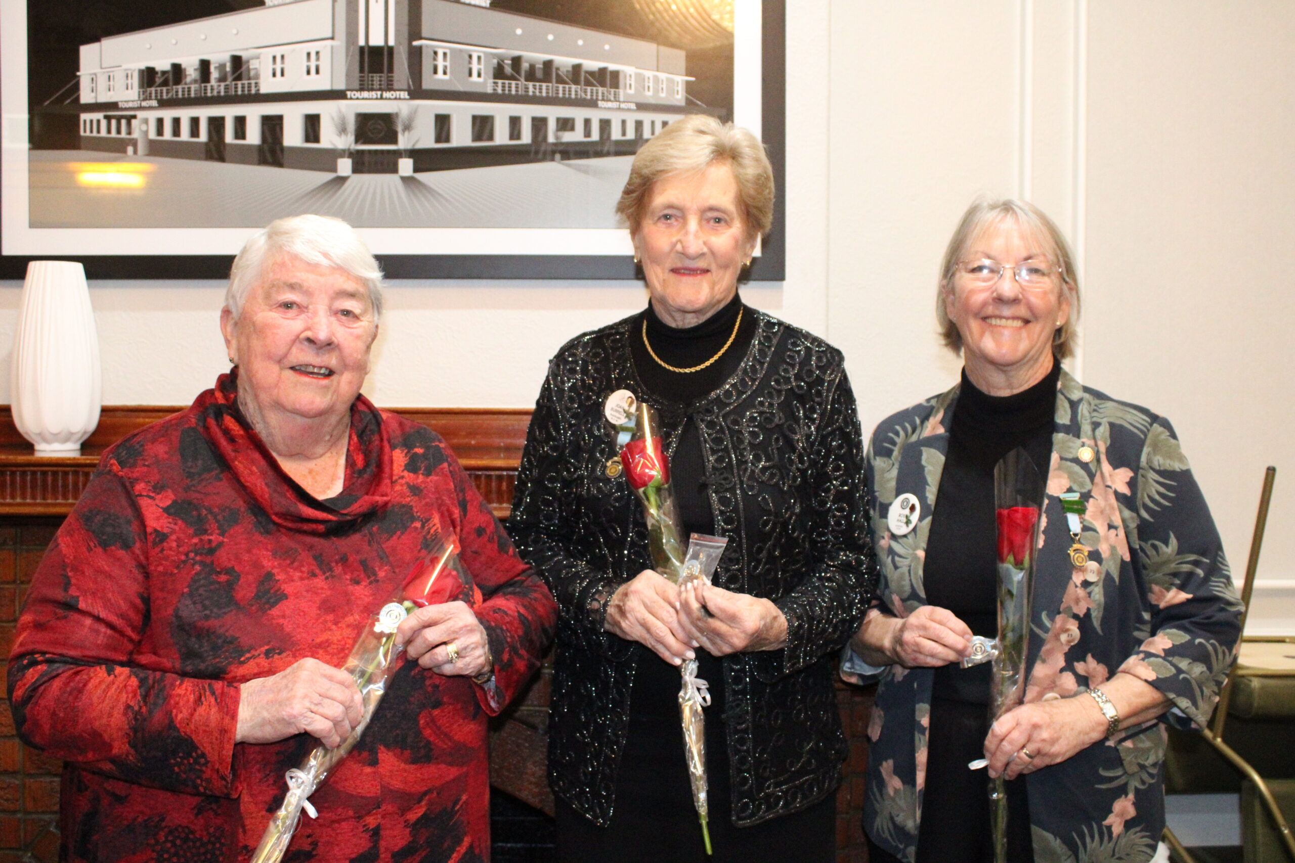 Marie Keys, Joan Burrell-Melbourne and Ros Hall were presented with their badges and a rose to recognise them as honoured active members.