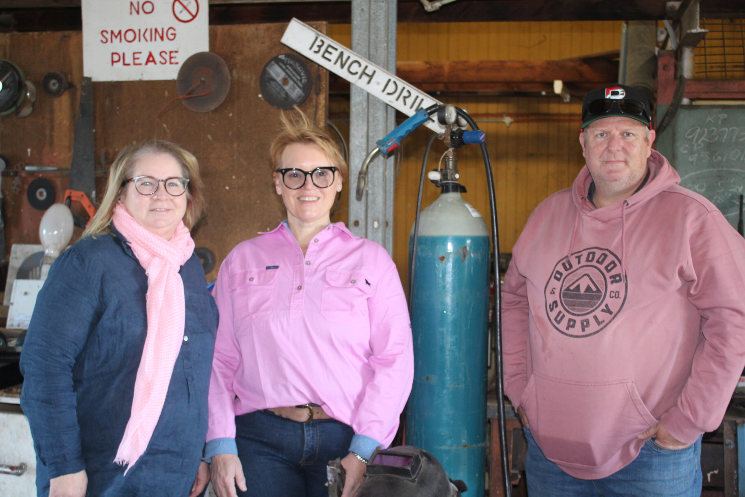 Community College Northern Inland coordinator Rachael Anderson, Namoi Women’s Shed manager Trish Dandridge, with Manager of Narrabri Recycling, Challenge Community Services Matt Keeffe.
