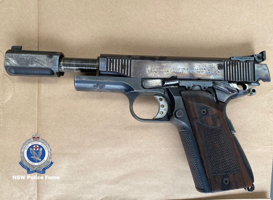 Among the items seized was a Colt 9MM Luger pistol.