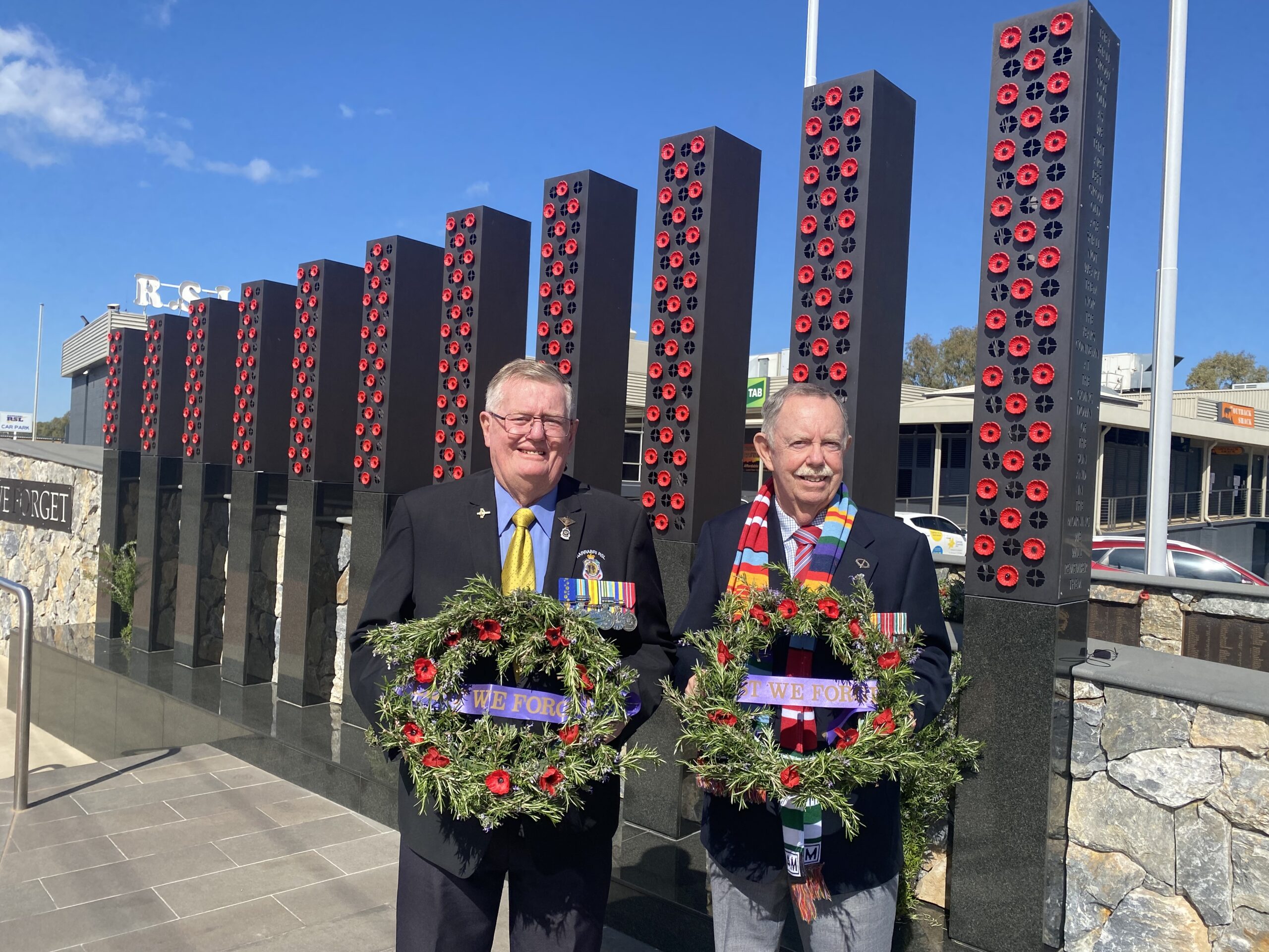 Narrabri RSL sub-branch president Gary Mason OAM, who served on HMAS Sydney during the Vietnam War period, and Richard Barry OAM, a Vietnam War National Serviceman 1967-69, laid wreaths.