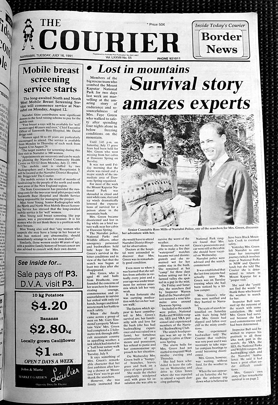 The original article on the front page of the Narrabri Courier on July 16, 1991.