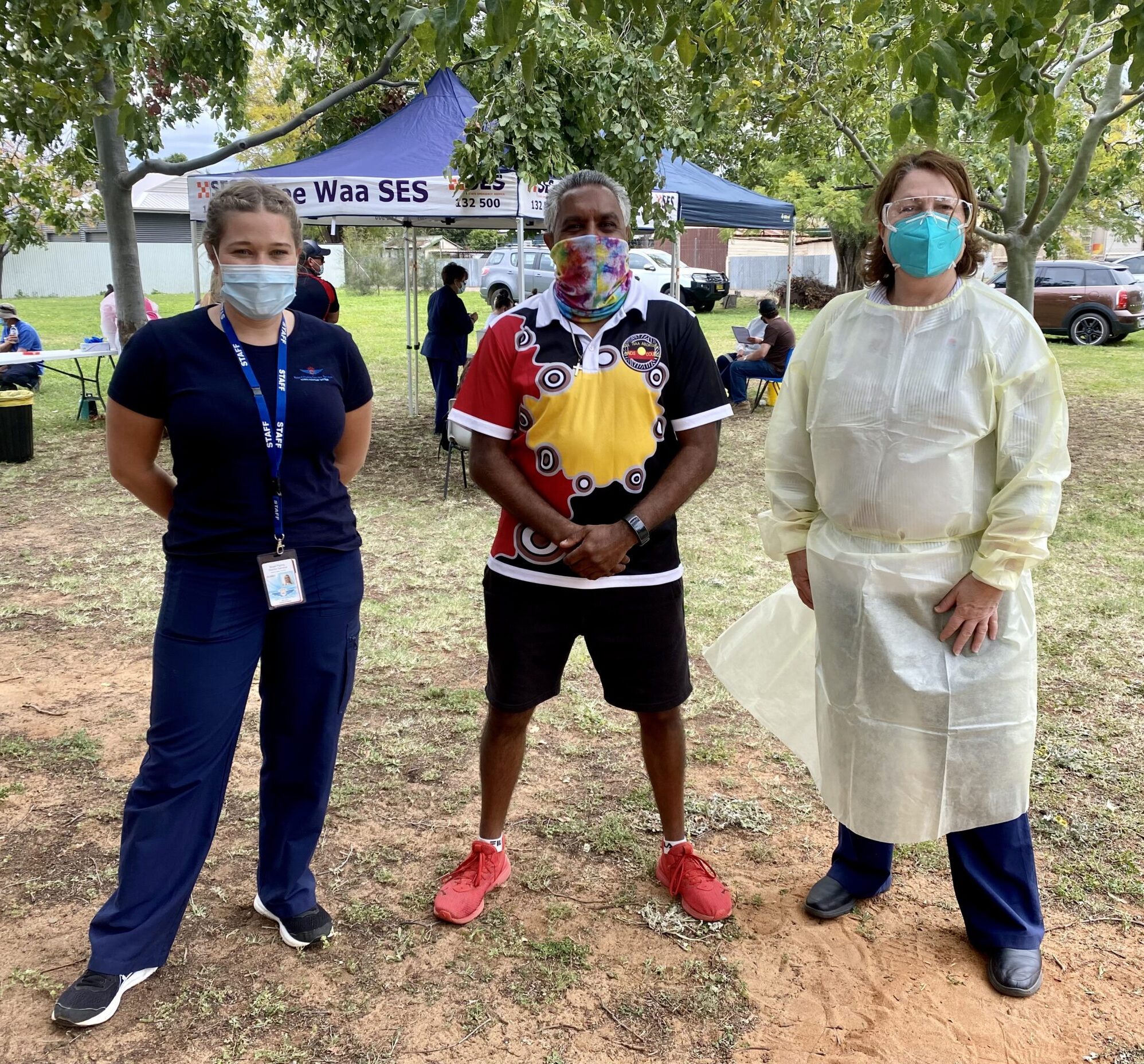 Royal Flying Doctor Service lead nurse Alice Sack, Wee Waa Local Aboriginal Land Council chair Clifford Toomey and Wee Waa Community Hospital’s health service manager and nurse Maxine Ambrose at Saturday’s pop-up COVID vaccination clinic, where more than 300 vaccines were administered.