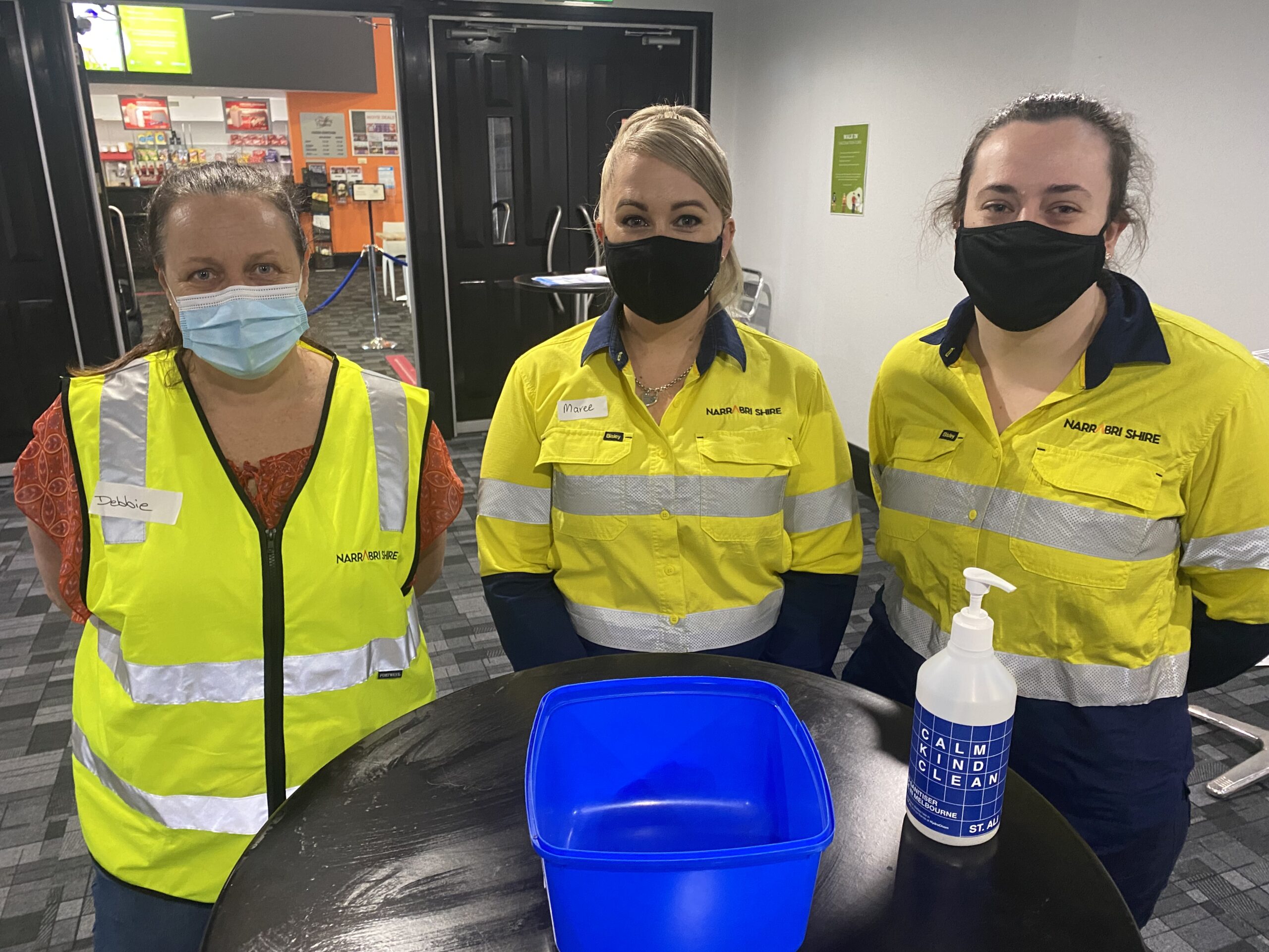 Narrabri Shire Council staff were among the volunteers at the vaccination hub on Sunday, from left, Debbie Foster, Maree Bales and Emma Lockyer.