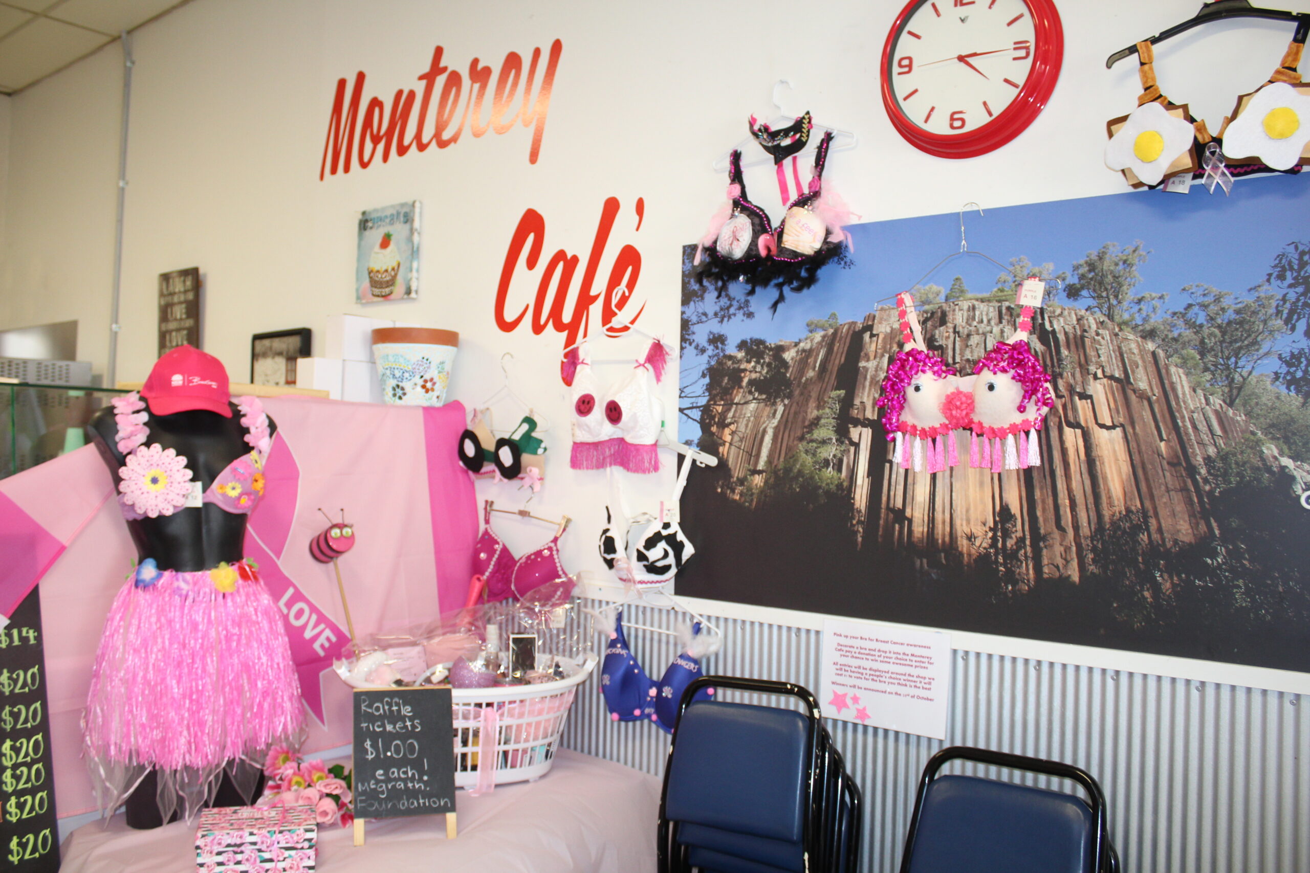 The bra entries are currently on display at The Monterey Cafe. Locals are encouraged to get involved by submitting an entry, voting or buying raffle tickets.