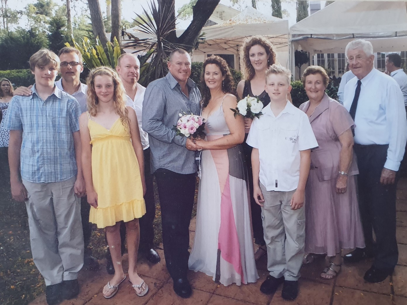 Peter and Libby Rough’s wedding day: From left, Jack Chatters, Mark Chatters, Sammy Chatters, Stuart McKenzie, Peter and Libby Rough, Sue Chatters, Nick Chatters, Jan and Ron McKenzie.