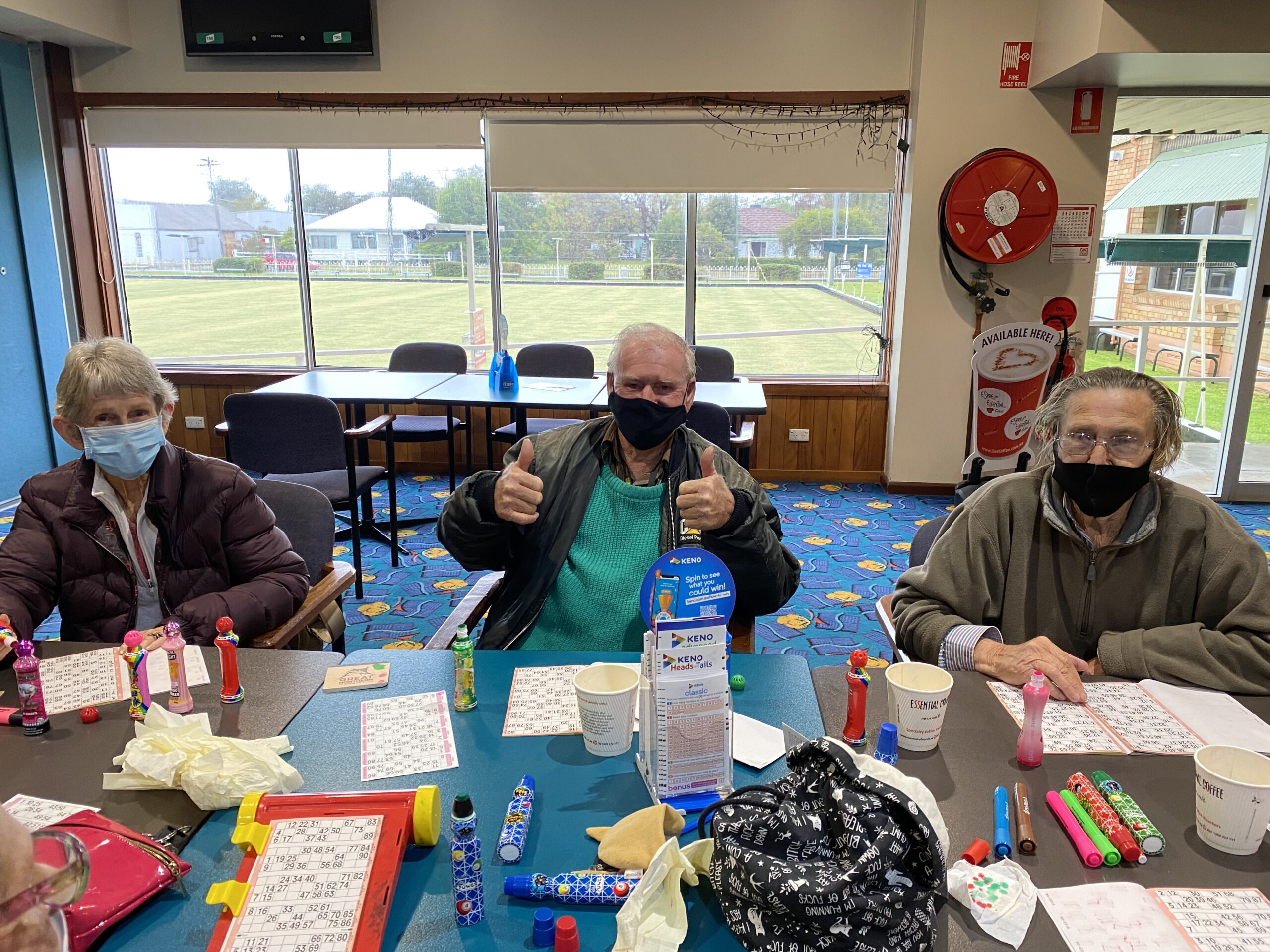Judy Tribe and John and Judy Lubke enjoying the return of social activities at the Wee Waa Bowling Club after COVID-19 restrictions.