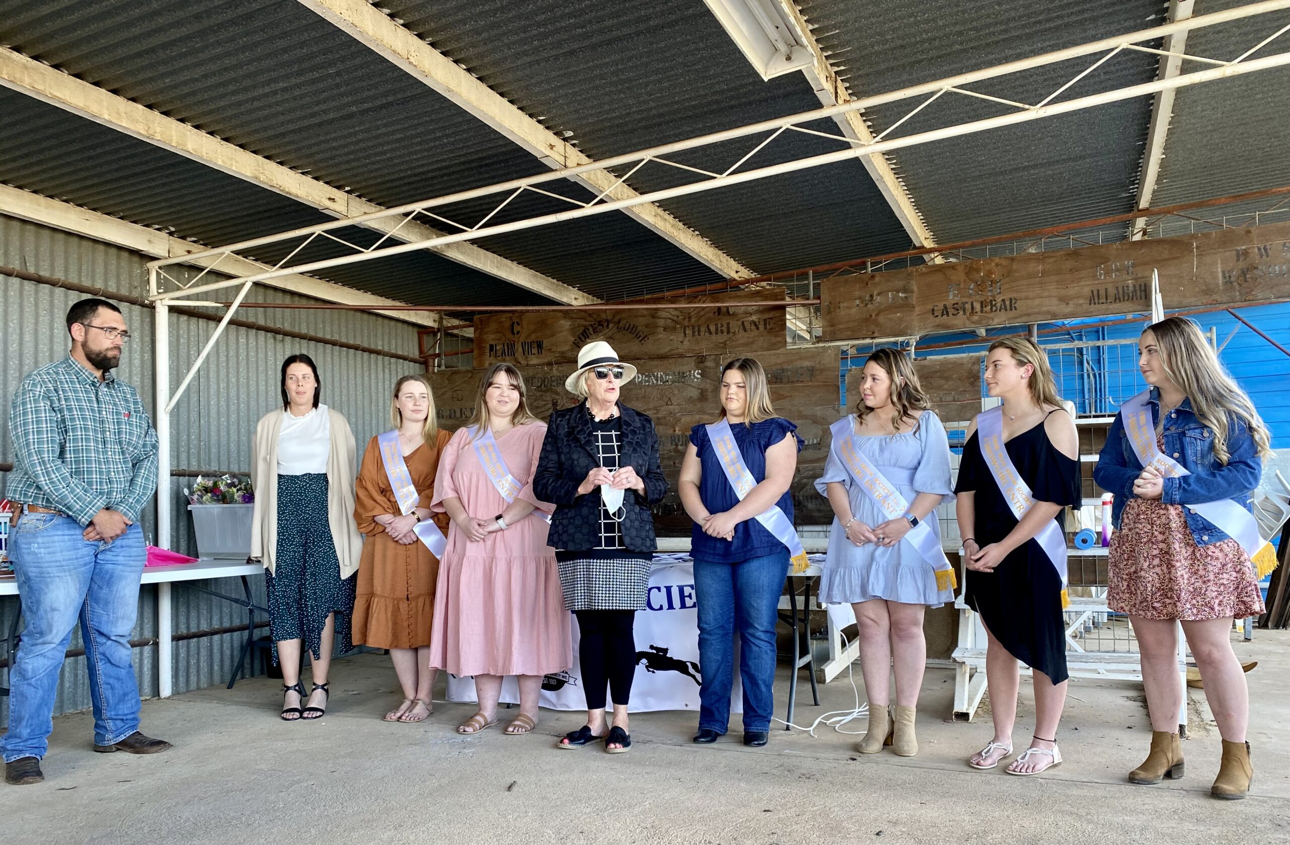 The Wee Waa Show Society held its annual general meeting on Saturday and hosted an event to announce the 2021 senior and junior Wee Waa Showgirls. Pictured here at the showground, president Gary Hibbens, senior Showgirl entrants Olivia Bray and Faith Pagett, 2021 senior Showgirl Georgia Dickinson, Showgirl coordinator Sue Smith, junior Showgirl entrants Caitlyn Coutts-Smith, Acacia Bell, Tanika Slee and 2021 junior Showgirl Amelia Kiem.