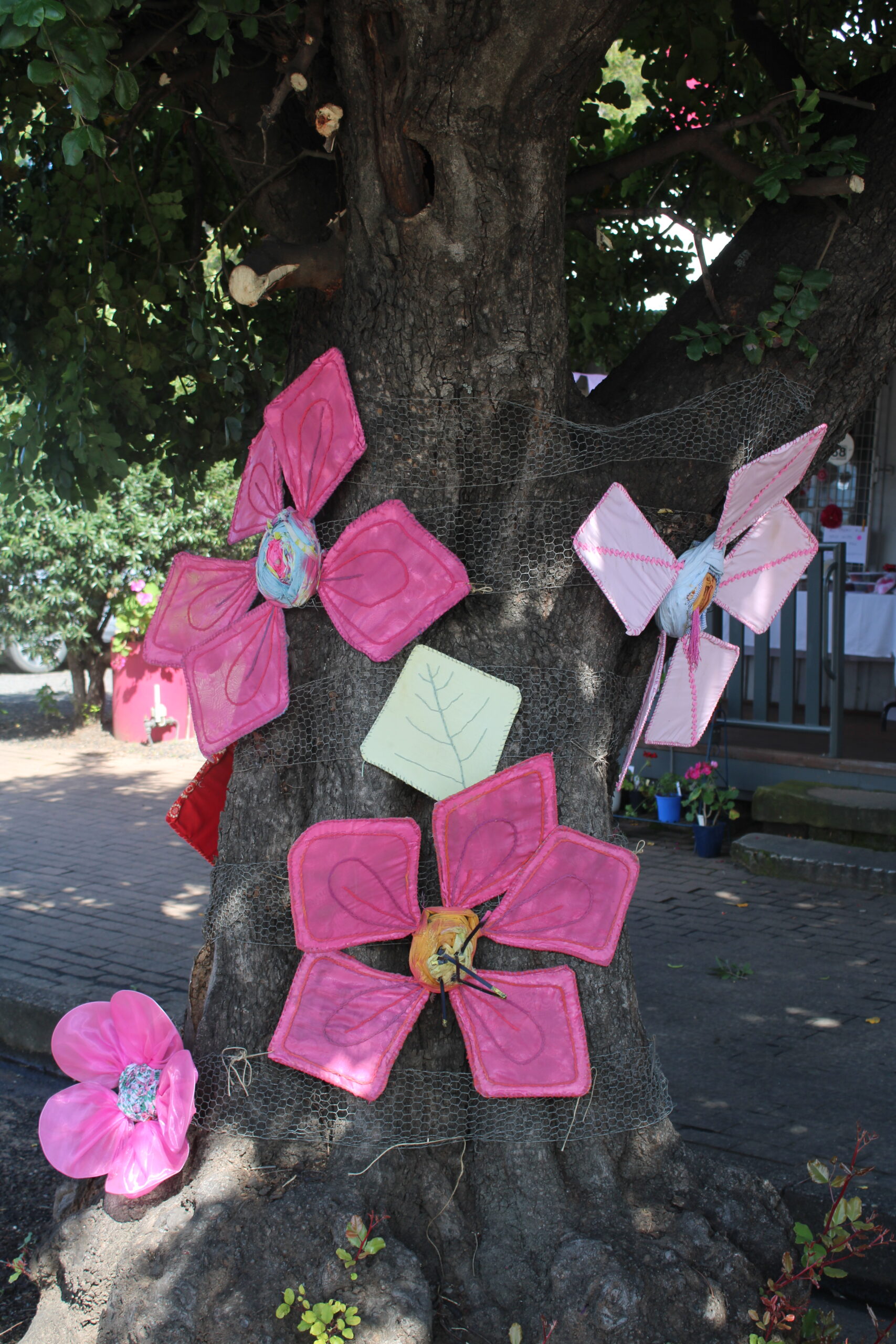 The Narrabri Art and Craft Shop’s tree adorned with pink flowers.