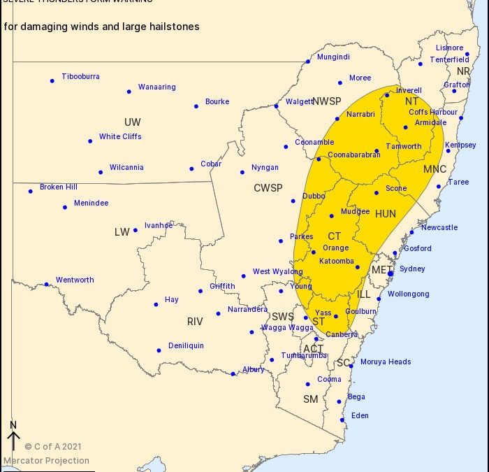 Bureau of Meteorology issues warning of damaging winds and large hailstones
