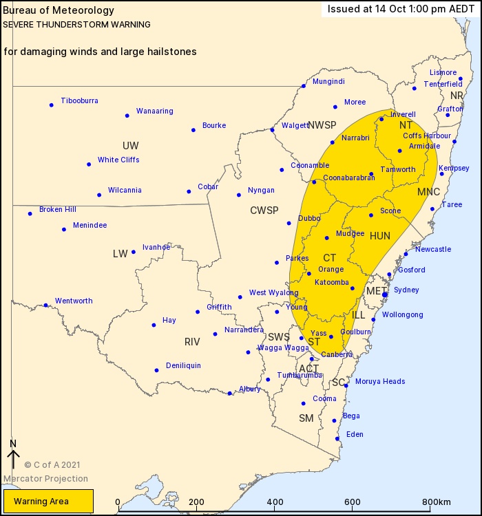 Bureau of Meteorology issues warning of damaging winds and large hailstones