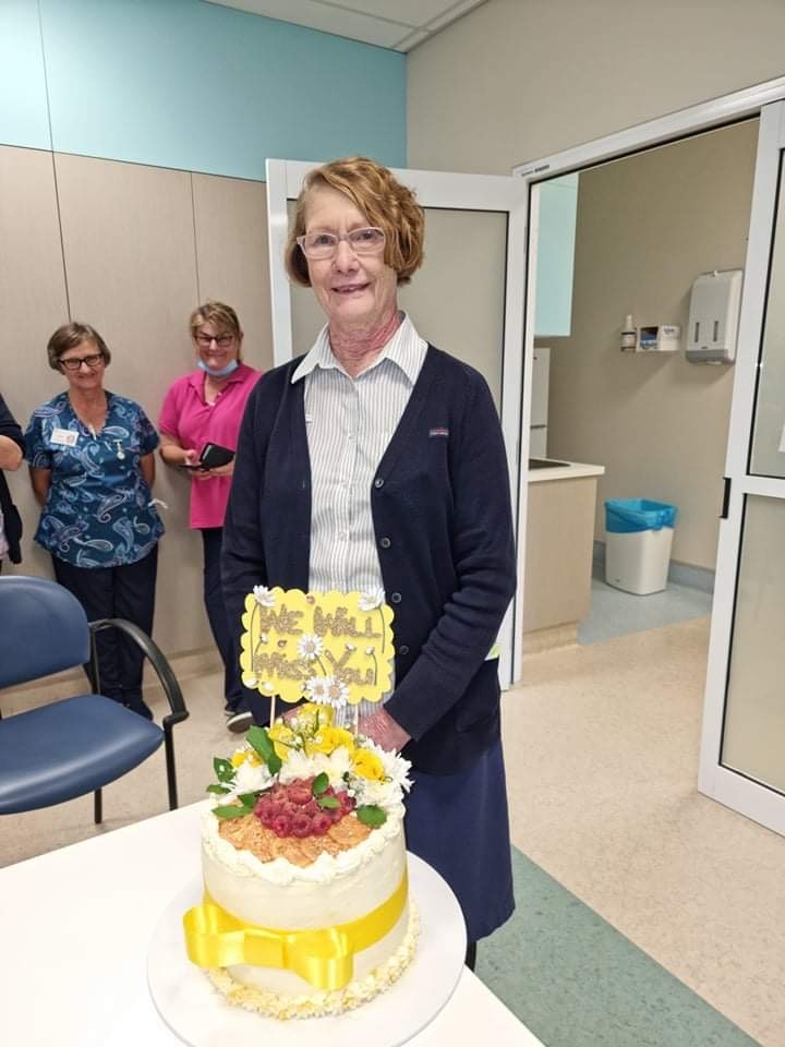 Cathy Leys with her retirement cake.