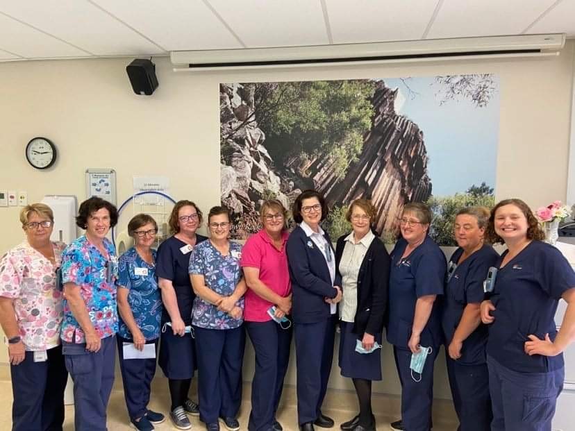 Robyn Allen, Janelle Schwager, Alvin Hill, Trudy Schatz, Kylie Finlay, Prisilla Finlay, Margo Carberry, Cathy Leys, Fiona Campbell, Stacy Hurdis and Laura Cole at Mrs Leys’ retirement celebration at Narrabri District Hospital.
