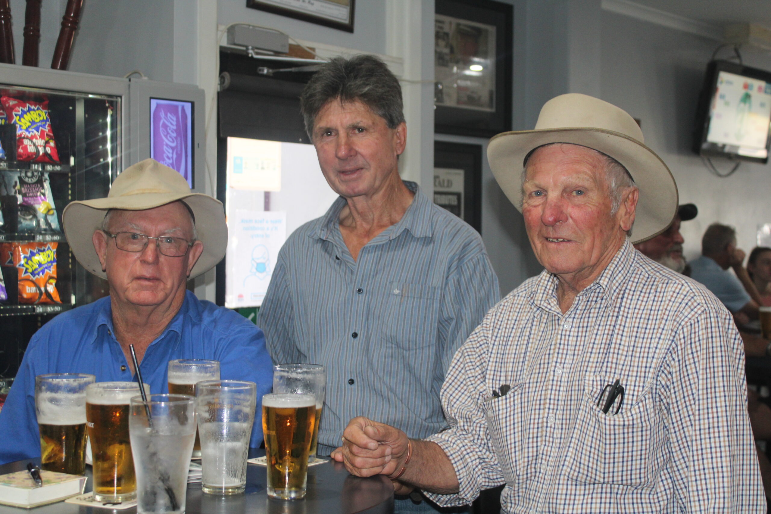 Stephen Mill (Pilliga), Martin Ritter (Tumbi Umbi) and John Simshauser (Burren Junction) at the Namoi Hotel.