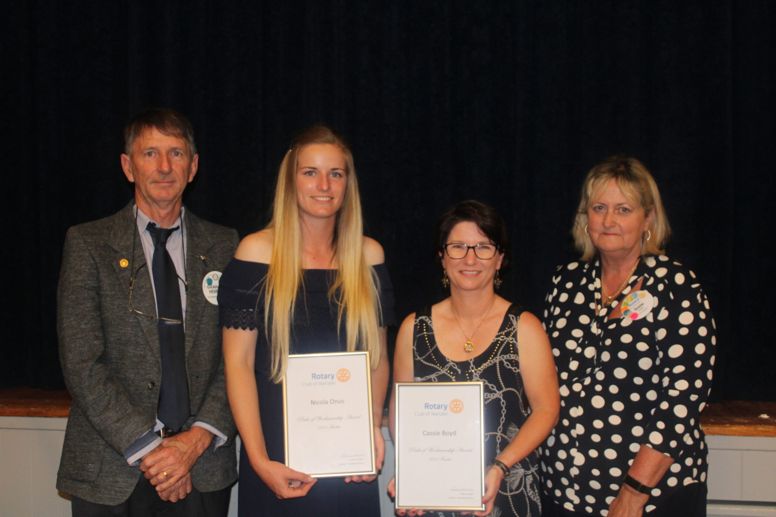 Grahame Herbert (2020/21 outgoing president of Rotary Club of Narrabri) with Pride of Workmanship award runners-up Nicola Onus and Cassie Boyd and Rotary Narrabri’s vocational director Tricia Hadley.