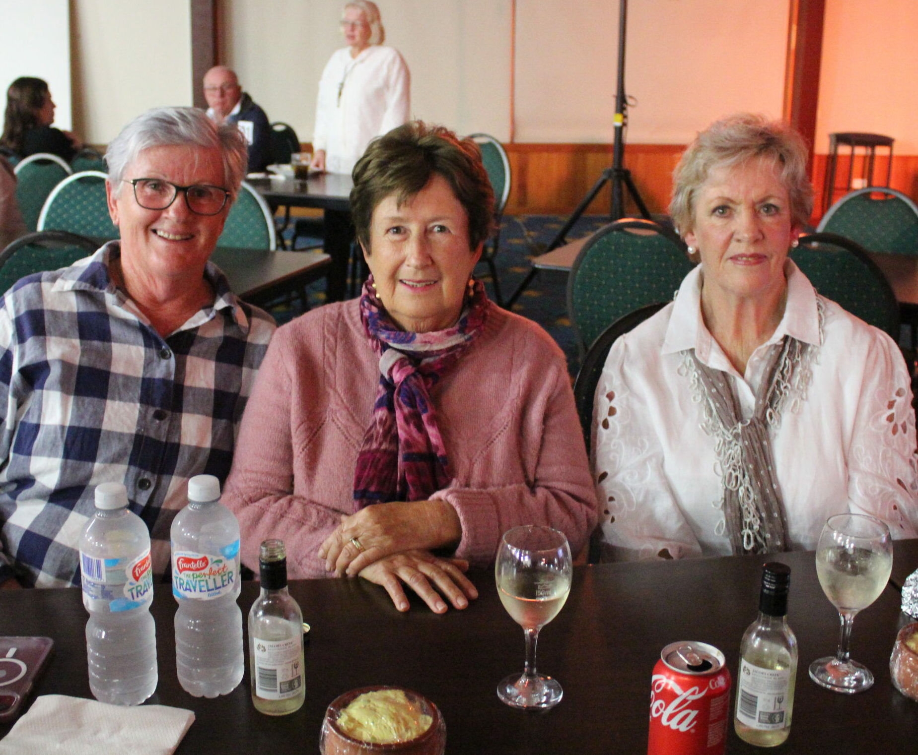 Jenny Melton, Kerry Crutcher and Julie Crutcher at the Wee Waa Bowling Club last Wednesday night for the Damian Callinan comedy tour presented by the National Recovery and Resilience Agency.