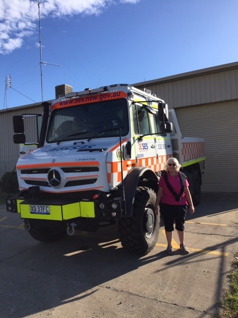 BJPS teacher Anne Cain about to catch the SES Unimog 'monster truck' as part of her journey to school.